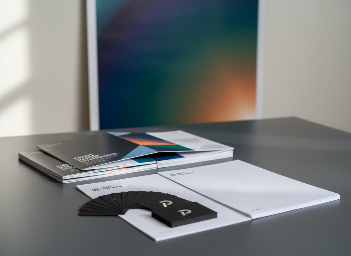 A precisely stacked assortment of high-quality printed business materials, including glossy tri-fold brochures, thick matte business cards with debossed logos, and a clean letterhead on bright white stock, arranged on a smooth charcoal-gray desk surface. In the background, a large-format poster with vivid yet professional colors leans against a neutral wall, softly out of focus. Cool, diffused daylight from an unseen window washes across the scene, creating gentle reflections on coated papers and subtle shadows between layers. Photographed at a slightly elevated angle with a shallow depth of field, the composition feels balanced and orderly. The atmosphere is polished, dependable, and creative, emphasizing photographic realism and a clean, modern aesthetic ideal for a professional print partnerâ€™s homepage hero image.