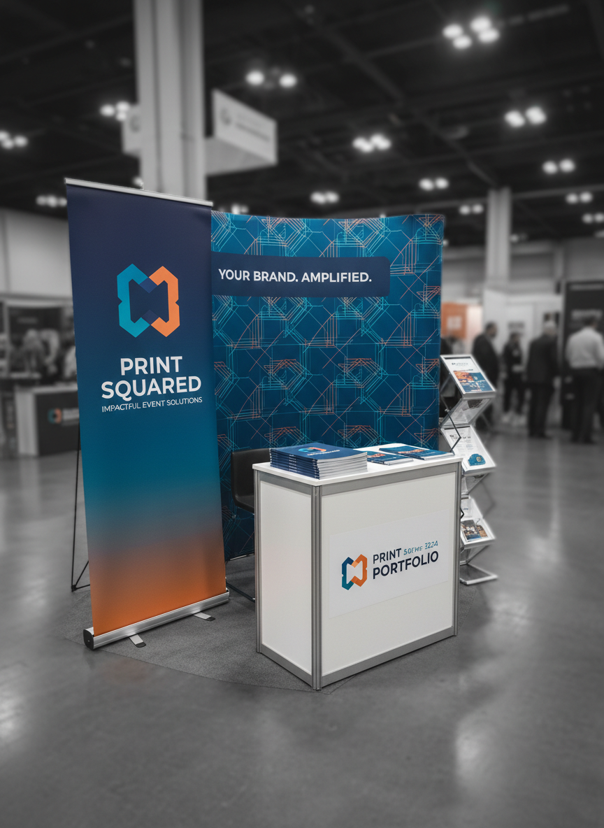 A compact trade show booth model composed of printed elements: a tall retractable banner with bold corporate graphics, a curved tabletop display with seamless fabric print, and neatly stacked branded catalogs and one-sheets on a small, pristine counter. A neutral, out-of-focus backdrop implies a larger event hall without visual clutter. Directional overhead lighting highlights the printed surfaces, creating subtle shadows that emphasize structure and hardware details without distraction. Photographed from a slightly low, three-quarter angle to give presence and scale, the composition centers on the graphics while showcasing variety. The mood is energetic yet controlled, with photographic realism and a sleek, professional aesthetic that presents Print Squared as a strategic partner for impactful event and trade show materials.