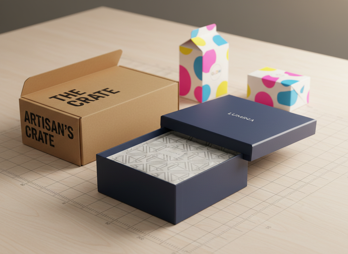 A neatly arranged collection of custom printed packaging, including a rigid branded gift box with a smooth soft-touch finish, a kraft mailer with crisp black ink, a small folded carton with vibrant spot colors, and custom-printed tissue paper, all positioned on a pale wood tabletop. A subtle grid of measurement lines etched into the surface hints at meticulous planning and dieline work. Gentle, warm studio lighting from the right creates soft highlights on coated surfaces and delicate shadows under flaps and lids. Photographed at a three-quarter angle with the main box in the foreground and smaller items receding, the image feels tactile, premium, and thoughtfully engineered, with photographic realism and a clean, professional aesthetic tailored to business packaging solutions.