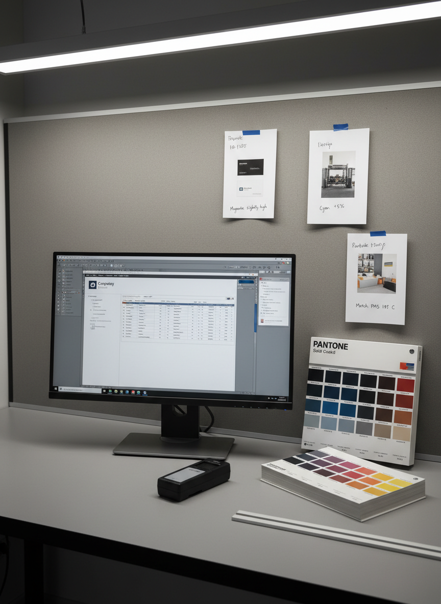 An immaculate color proofing station featuring a calibrated monitor displaying a brand guideline, a Pantone color book fanned open to specific swatches, and several small proof sheets taped to a neutral gray board with precise annotations in the margins. The workspace surface is matte and uncluttered, supporting only a densitometer and a sleek metal straightedge. Balanced, daylight-simulating overhead lighting creates an even, neutral illumination that accurately reveals color nuance and paper texture. Shot from a slightly elevated, three-quarter angle with sharp focus across the frame, the composition feels analytical, exacting, and trustworthy. The photographic realism and understated, professional aesthetic emphasize meticulous color management and quality control in business printing workflows.