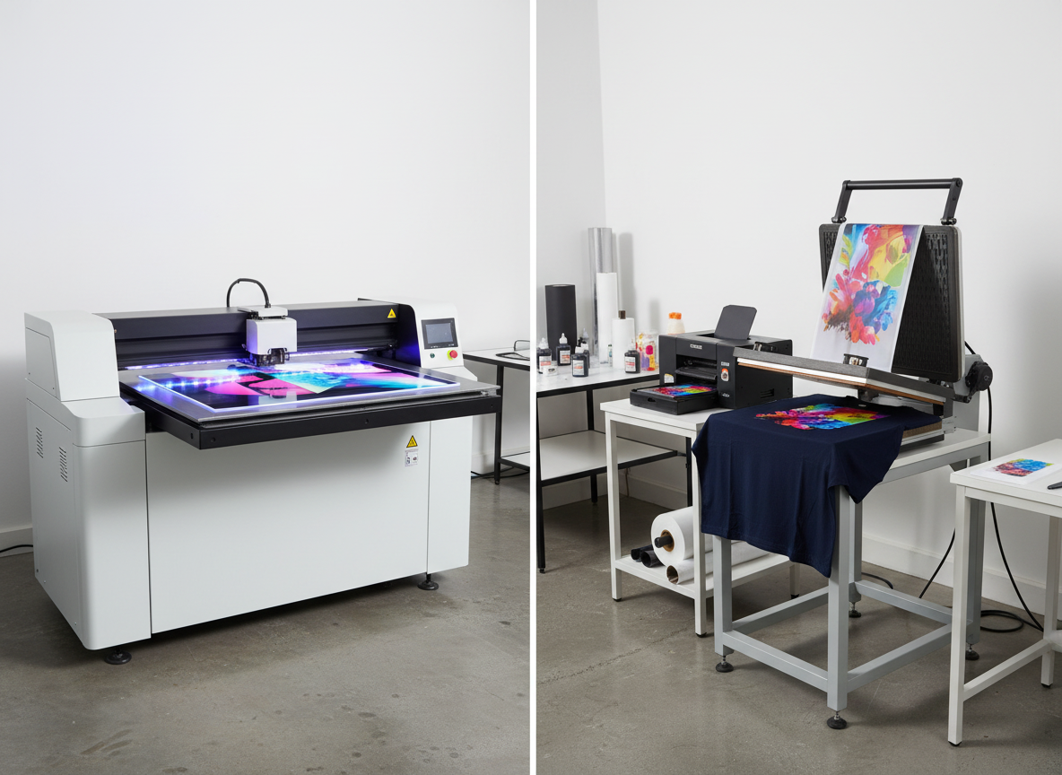 A clean, modern studio shot showing UV printing and DTF printing in action: a UV flatbed printer curing vibrant inks onto a rigid sign or acrylic panel, alongside a DTF setup with a printer, film, and heat press transferring a colorful design onto a dark T-shirt. Bright, saturated colors, sharp details, and a professional commercial-printing environment with neatly arranged equipment.