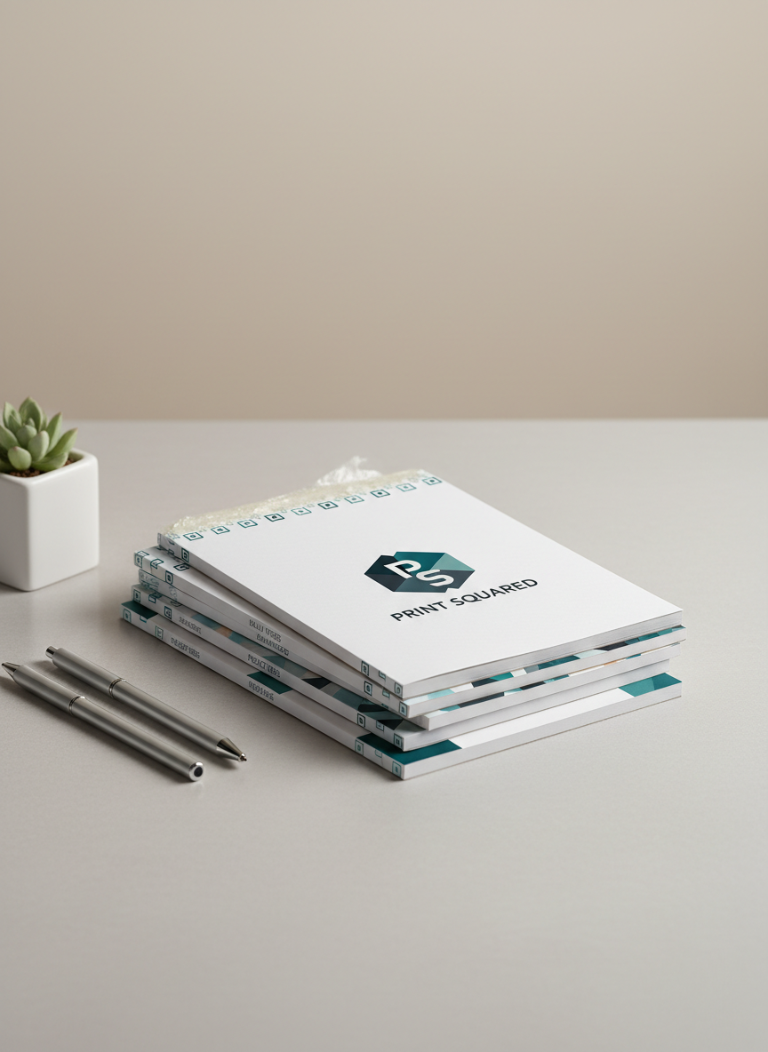 A high-resolution studio photograph of a stack of customised glued notepads for a modern business. Each notepad shows a clean logo and brand colours on the cover and subtle branding on the page edges, with visible glued binding at the top. The notepads are neatly arranged on a neutral, softly lit tabletop with minimal props, matching the tidy, professional print-shop aesthetic used elsewhere on the Print Squared site. Photographic realism, soft, even lighting, and a calm, contemporary look that fits seamlessly with existing product imagery.