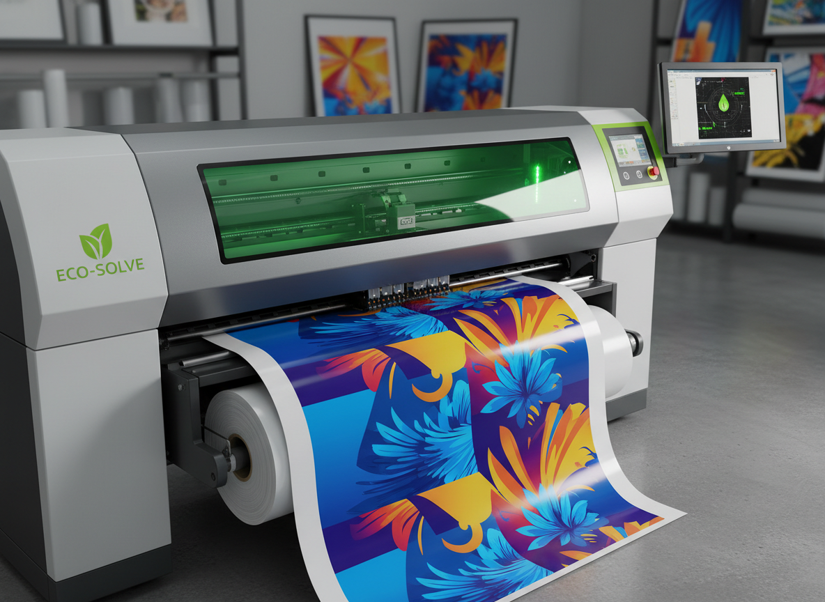 A high-resolution, professional photo-style illustration of an eco-solvent wide-format printer printing vibrant graphics onto a roll of vinyl. Show the printer in action with the vinyl emerging from the machine, featuring bright, sharp colours and a clean studio environment. Emphasise the eco-friendly, solvent-based technology with subtle green accents or icons, while keeping the overall look modern and suitable for a commercial print shop website.