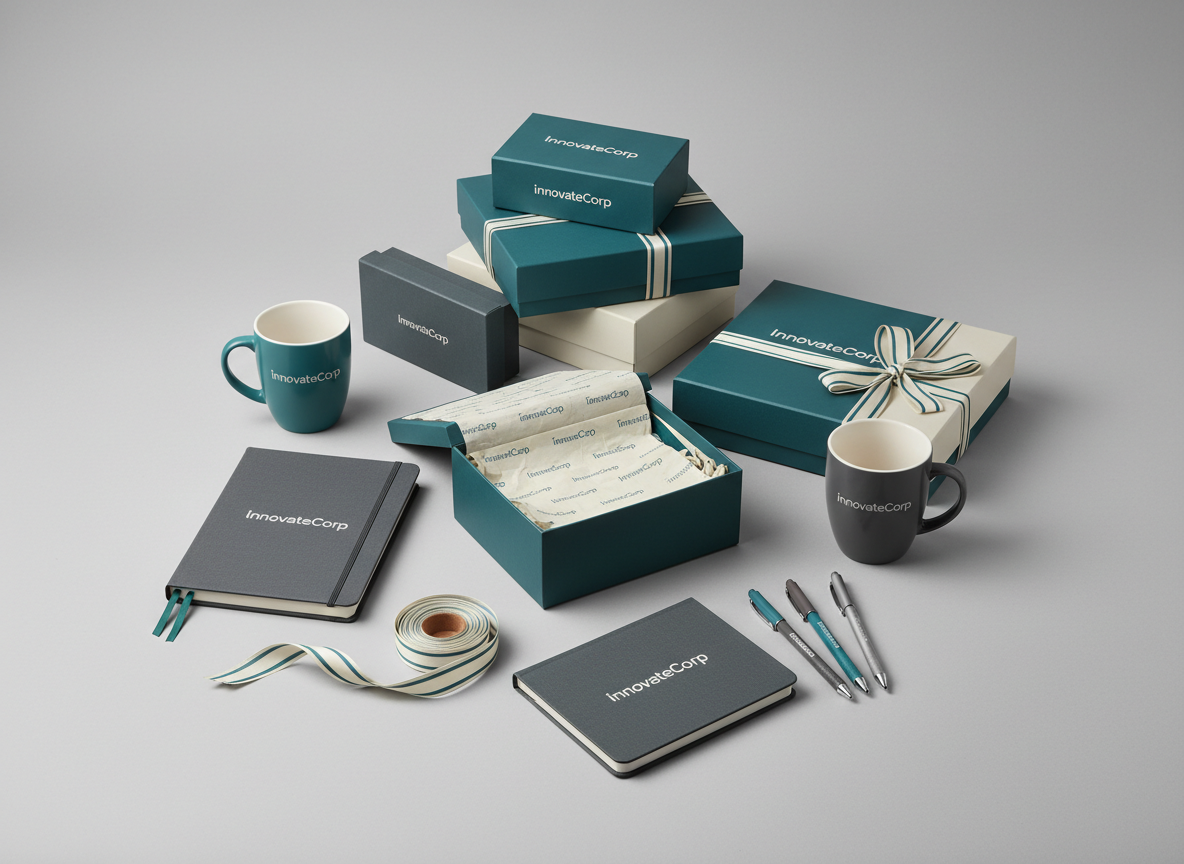 A clean, professional studio scene showcasing a variety of branded corporate gifting items and custom packaging, such as printed gift boxes, ribbon, tissue paper, mugs, notebooks, and pens, all coordinated in a cohesive brand colour palette, photographed on a neutral background with soft lighting.